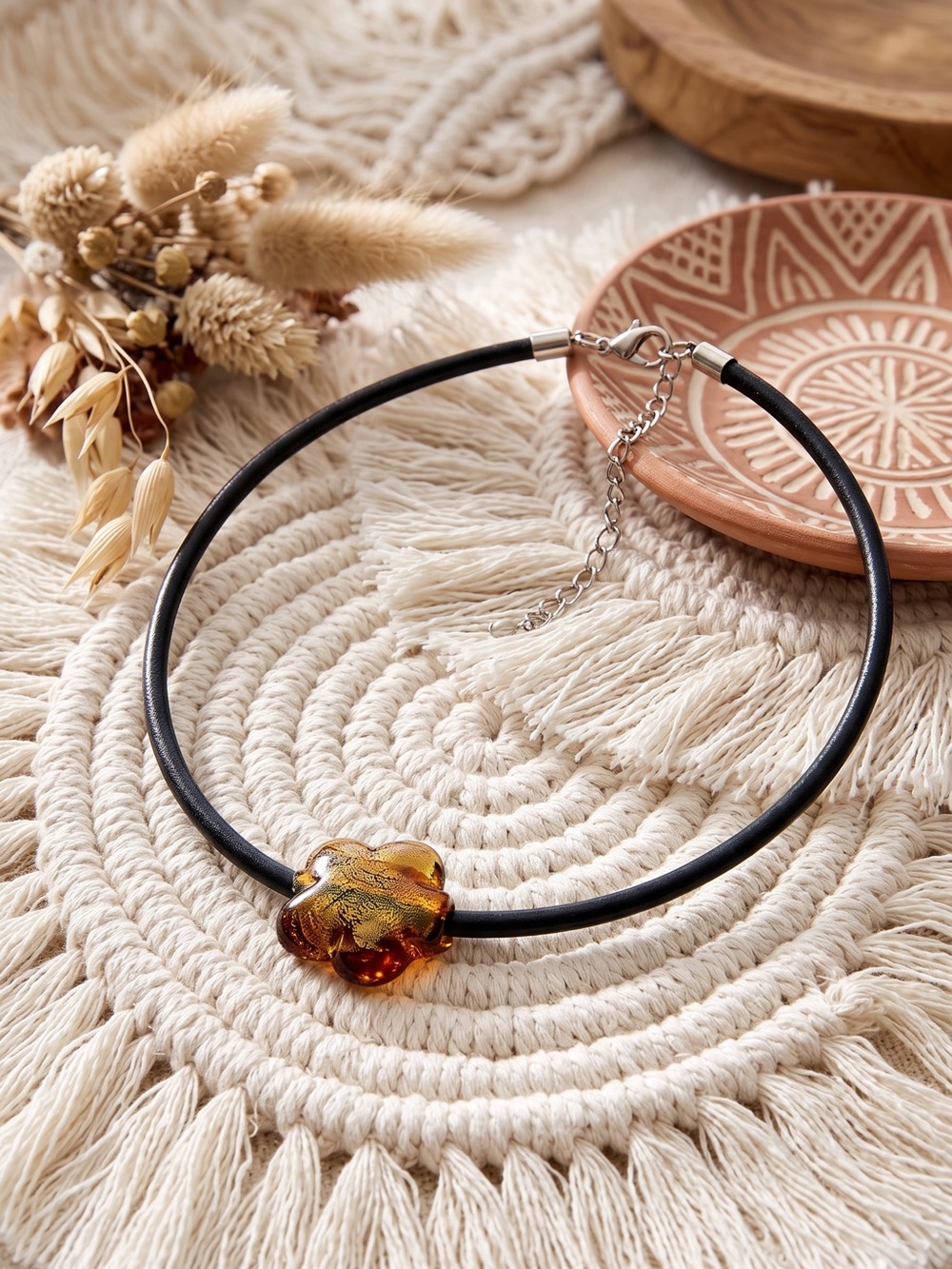 NWT Free People Black Leather Choker Necklace Amber Glass Flower accent